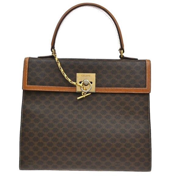 CELINE Logo Macadam Pattern Hand Bag PVC Leather Brown Gold Italy